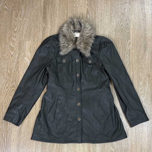 Anthropologie Maeve Kellie Olive Green Faux Leather Coat Removable Fur Collar - Picture 7 of 13